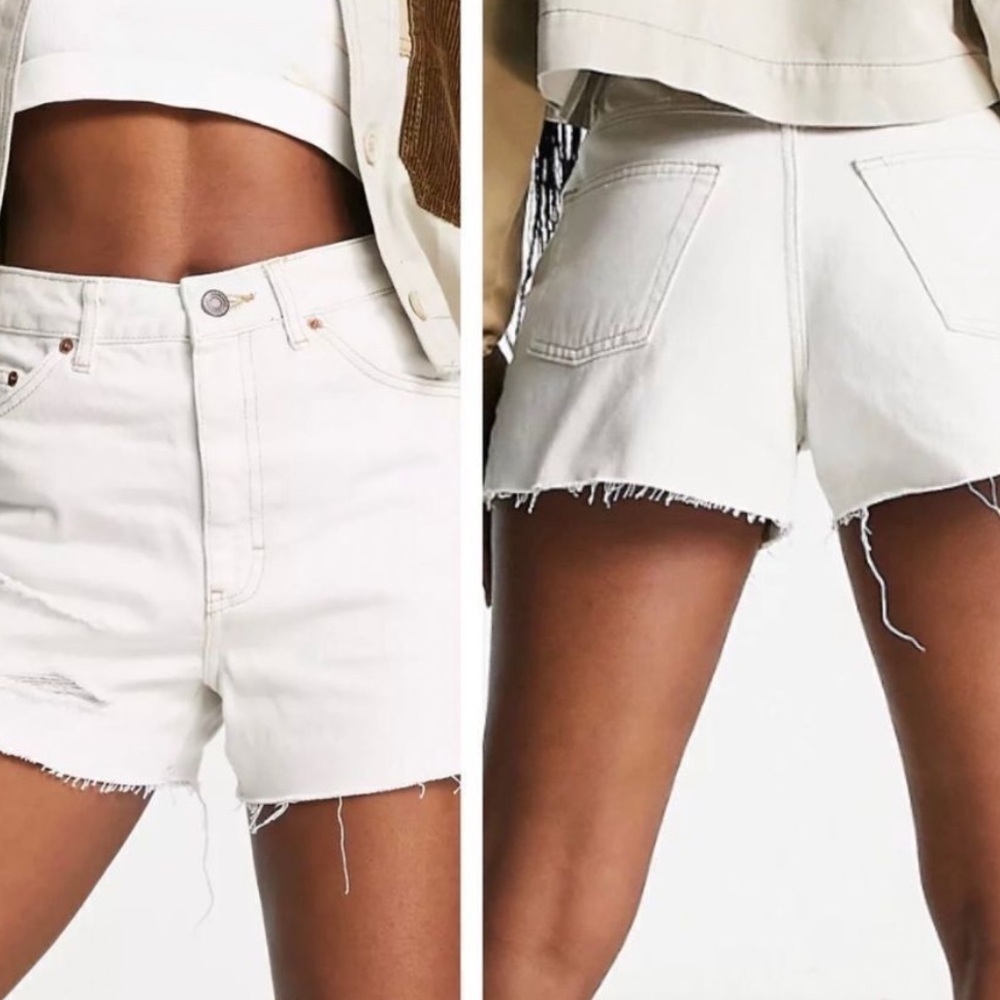 Topshop A-Line Denim High Rise Shorts Cream Off White Unfinished Hem 3.5” Inseam - Picture 5 of 14